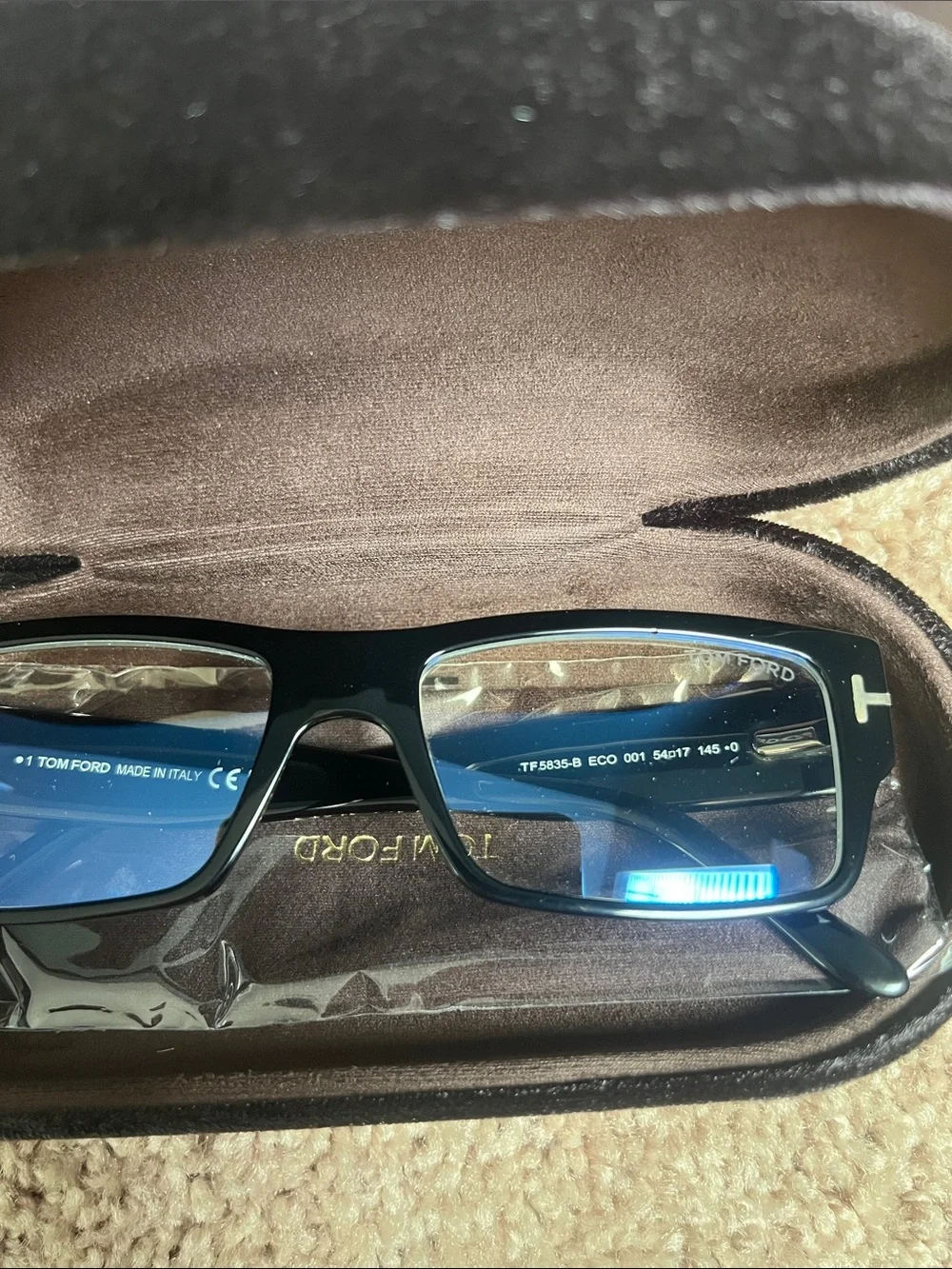 Tom Ford Black Rectangular Glasses with Dark Brown Case